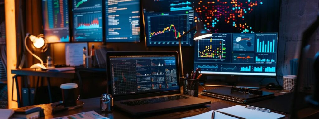 a meticulously arranged workstation features a sleek laptop displaying complex budgeting spreadsheets, surrounded by vibrant graphs and charts that illustrate the hidden costs of ai ugc platforms, all bathed in warm, natural light.