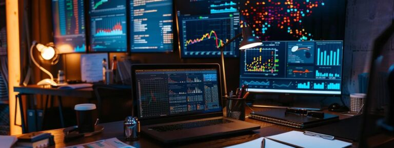 a meticulously arranged workstation features a sleek laptop displaying complex budgeting spreadsheets, surrounded by vibrant graphs and charts that illustrate the hidden costs of ai ugc platforms, all bathed in warm, natural light.
