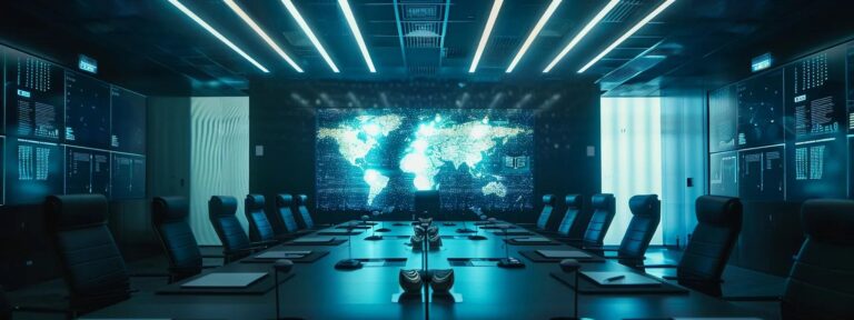 a modern conference room illuminated by soft overhead lighting, showcasing a sleek digital screen displaying dynamic graphics that symbolize the evolving landscape of ai ugc pricing strategies.
