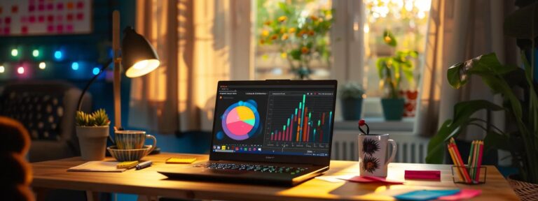 a modern workspace featuring an open laptop displaying a vibrant graph of budget analytics, surrounded by colorful sticky notes and a cup of coffee, illuminated by soft natural light filtering through a nearby window.