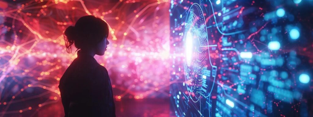 a person thoughtfully examines a glowing digital screen filled with vibrant graphs and dynamic charts, symbolizing the complexities of navigating ai ad generator subscriptions amidst a backdrop of sleek technology.