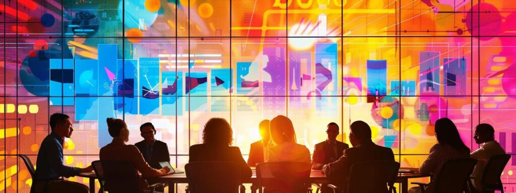 a powerful visual of a diverse group of focused professionals engaged in a dynamic brainstorming session, surrounded by vibrant charts and digital screens that reflect innovative marketing strategies.