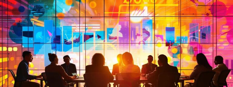 a powerful visual of a diverse group of focused professionals engaged in a dynamic brainstorming session, surrounded by vibrant charts and digital screens that reflect innovative marketing strategies.