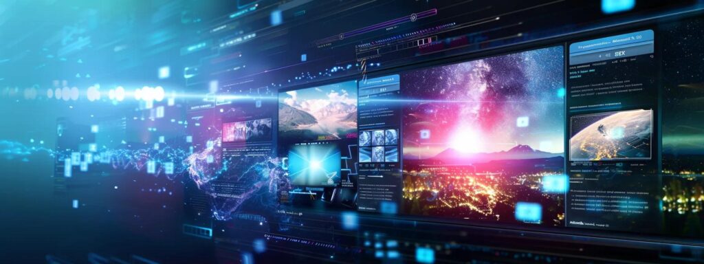 a sleek digital interface showcasing vibrant graphics and highlighted features of an ai ad generator, framed by an ethereal glow to emphasize free trials and money-back guarantees.