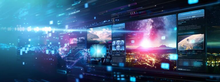 a sleek digital interface showcasing vibrant graphics and highlighted features of an ai ad generator, framed by an ethereal glow to emphasize free trials and money-back guarantees.