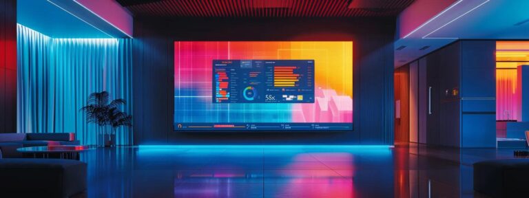 a sleek digital workspace showcases a vibrant screen displaying a colorful infographic that clearly outlines the typical costs of ai ad generator services, illuminated by soft, focused lighting that emphasizes the clarity of the information.