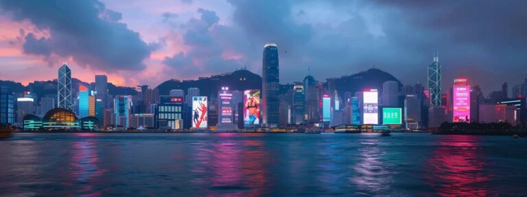 a sleek, futuristic city skyline illuminated by vibrant digital billboards showcases the transformative power of ai advertising, highlighting a bustling marketplace filled with diverse individuals engaged in dynamic interactions.