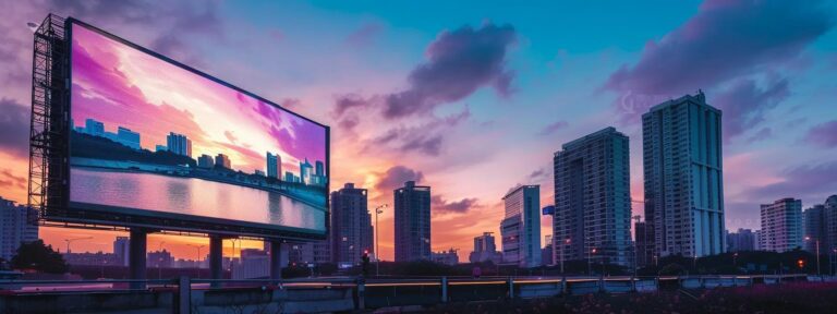 a sleek, futuristic digital advertising screen illuminates a bustling urban skyline, showcasing vibrant, automated ads that seamlessly attract the attention of passersby at dusk, highlighting the dynamic advantages of automated advertising.