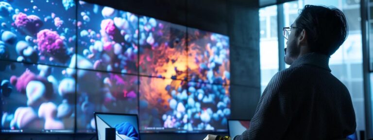 a sleek, futuristic workspace adorned with advanced ai tools, showcasing a vibrant digital screen filled with innovative ad concepts, illuminated by soft, ambient lighting that emphasizes the contrast between traditional and modern advertising approaches.