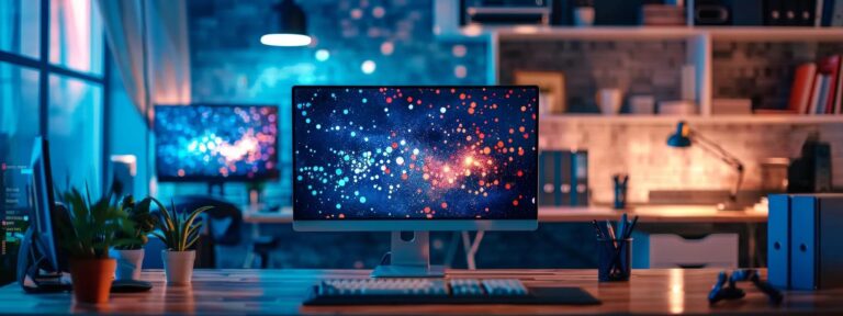 a sleek, futuristic workspace bathed in soft blue lighting showcases a high-tech computer screen displaying vibrant ai-generated advertisements, emphasizing innovation in digital marketing.