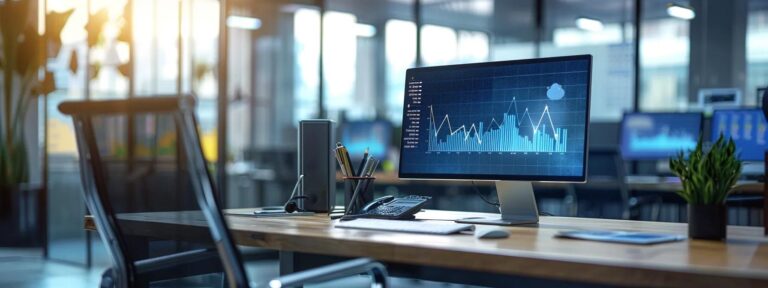 a sleek, modern office environment bathed in natural light, featuring a high-tech computer screen displaying a dynamic graph of increasing roi, symbolizing the evaluation of top ai ad generators in today's competitive market.