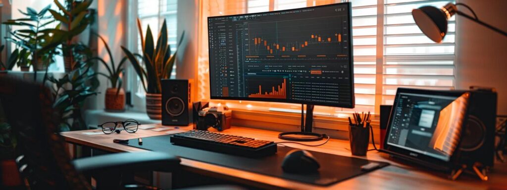 a sleek, modern workspace bathed in soft, natural light, featuring a high-tech computer screen displaying an intuitive ai ad generator interface with vibrant graphs and pricing options, symbolizing the balance of cost and quality in digital marketing.