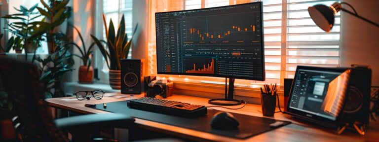 a sleek, modern workspace bathed in soft, natural light, featuring a high-tech computer screen displaying an intuitive ai ad generator interface with vibrant graphs and pricing options, symbolizing the balance of cost and quality in digital marketing.