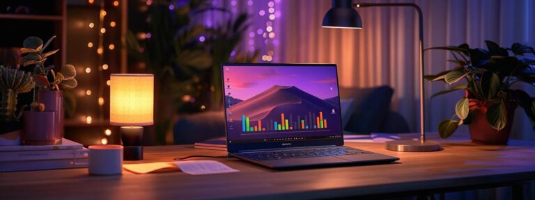 a sleek, modern workspace bathed in soft, natural light showcases a laptop open to a colorful infographic about budget planning for ai ugc solutions, with vibrant charts and graphs inviting exploration.