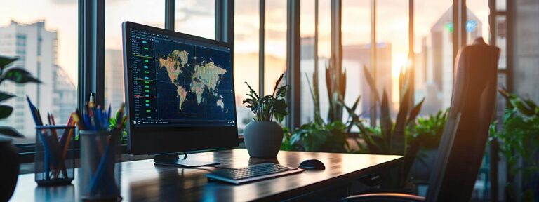 a sleek, modern workspace featuring a high-tech computer screen displaying colorful analytics and graphs, illuminated by soft, natural light streaming through a large window, symbolizing the dynamic and evolving world of ai advertising.
