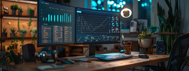 a sleek, modern workspace illuminated by soft, natural light, showcasing a futuristic ai interface displaying dynamic graphs and statistics related to advertising costs and fees.