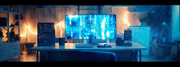 a sleek, modern workspace illuminated by soft, diffused lighting showcases a high-tech ai ad generator interface on a vibrant screen, emphasizing innovation and creativity.