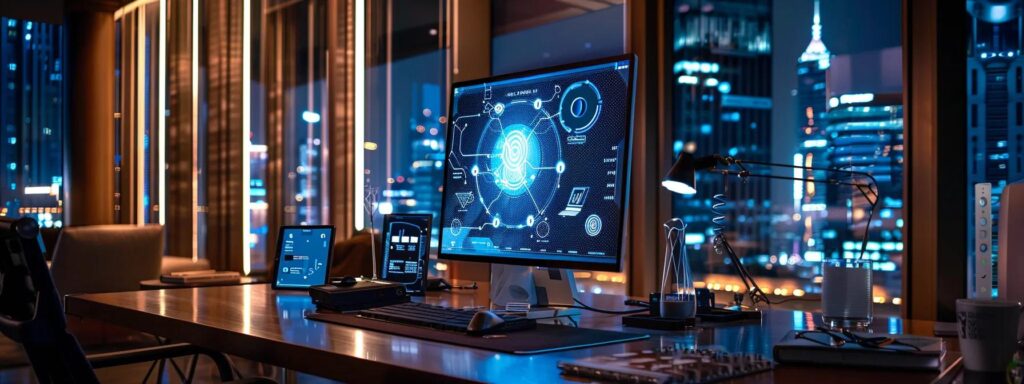 a sleek, modern workspace illuminated by soft, ambient lighting showcases a high-tech computer screen displaying an engaging ai ad generator tool in action, symbolizing innovation and creativity in digital marketing.