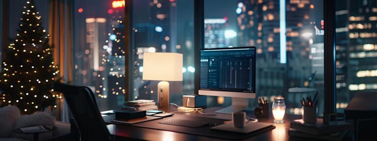 a sleek, modern workspace is illuminated by soft, ambient light, showcasing a high-tech computer screen displaying a vibrant ai ad generator interface, emphasizing its reliability for navigating complex industry regulations.