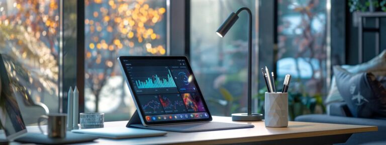 a sleek, modern workspace showcases a futuristic tablet displaying dynamic graphs and figures, symbolizing the strategic planning and budgeting for successful ai ugc solutions in 2023.