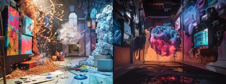 a split-image scene vividly contrasting traditional content creation with vibrant, chaotic elements like paintbrushes and paper on one side, and sleek, modern ai tools represented by digital screens and abstract graphics on the other, illuminated by dramatic lighting to highlight the clash of creativity and technology.