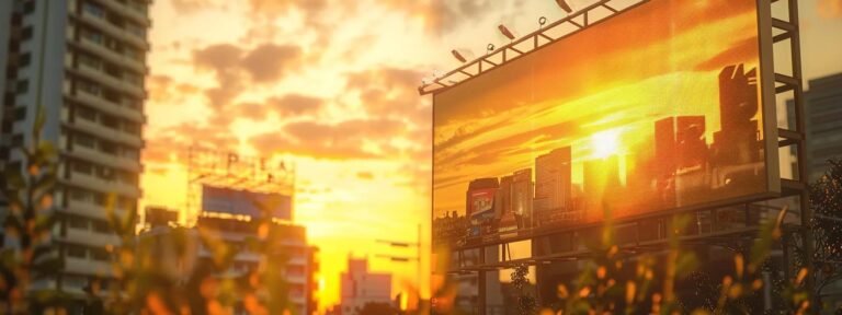 a striking juxtaposition of a sleek digital billboard showcasing vibrant ai-generated advertisements beside a classic, worn-out print ad in a bustling cityscape, bathed in the warm glow of golden hour light.
