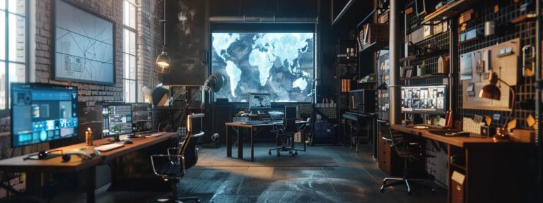 a striking juxtaposition of a sleek, modern ai workspace filled with vibrant digital screens, contrasting against an elegant vintage advertising studio adorned with classic design tools, illuminated by soft, warm lighting.