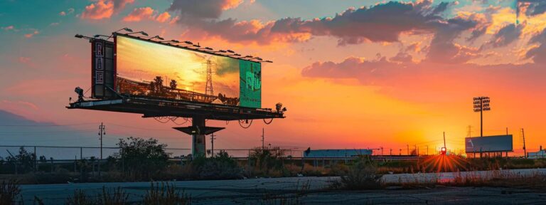 a striking juxtaposition of a vibrant digital advertisement and a classic hand-painted billboard, illuminated by golden hour sunlight, symbolizing the ongoing debate between ai-generated and human-created creativity.