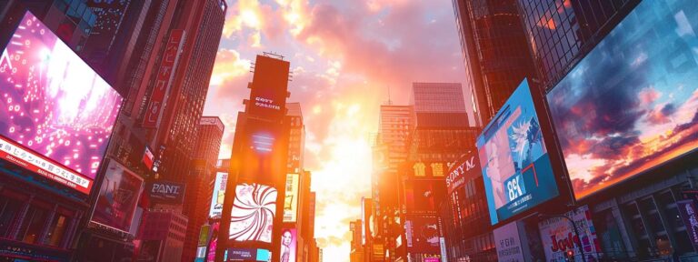 a striking juxtaposition of a futuristic, digital advertising landscape teeming with vibrant holograms and ai elements, contrasted against a nostalgic, traditional billboard scene under a golden sunset, symbolizing the clash between innovation and tradition.