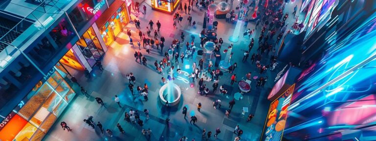 a striking overhead view of a vibrant marketplace bustling with entrepreneurs and digital displays, illustrating the dynamic landscape of ai user-generated content solutions amidst bright, engaging colors and diverse digital interfaces.
