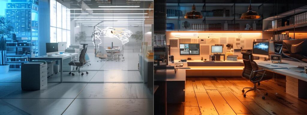 a striking split image showcases a futuristic ai ad generation workstation on one side, contrasting vividly with a cluttered, traditional marketing office filled with outdated tools and papers on the other, illuminated by dynamic lighting that emphasizes the evolution of advertising.