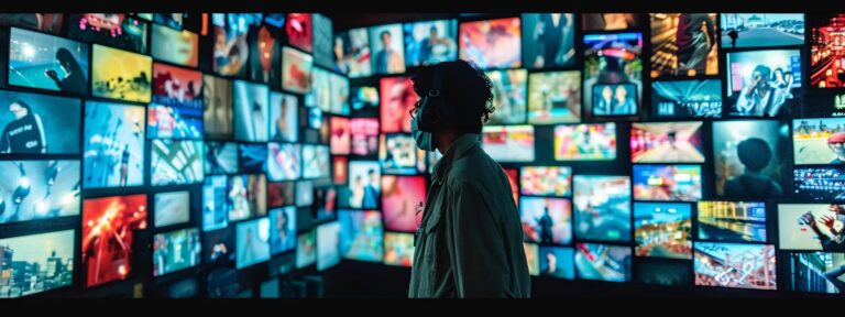 a striking visual of a marketer analyzing a chaotic wall of vibrant, mismatched ai-generated advertisements, highlighting the disconnect between creative concepts and their intended audience.
