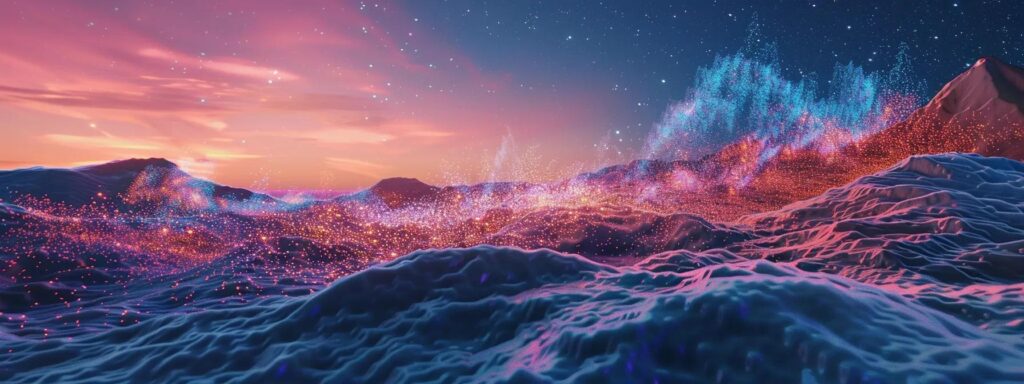 a thought-provoking landscape depicting a surreal amalgamation of digital elements and vibrant colors, illustrating the dichotomy between creativity and artificial intelligence in advertising.