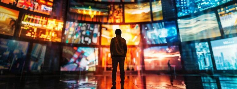 a thought-provoking juxtaposition of a vibrant, futuristic digital landscape filled with dynamic ai-generated advertisements, contrasted against a shadowy figure contemplating the essence of human creativity amidst mechanical limitations.