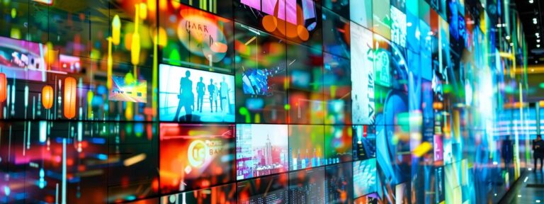 a vibrant and dynamic collage depicting a digital landscape filled with personalized advertisements uniquely tailored to diverse ideal customers, illuminated by engaging colors and patterns that evoke connection and interaction.