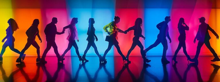 a vibrant and dynamic composition featuring a diverse group of brand archetypes personified in striking, colorful silhouettes, each radiating a unique energy to symbolize the essence of distinctive messaging styles in advertising.