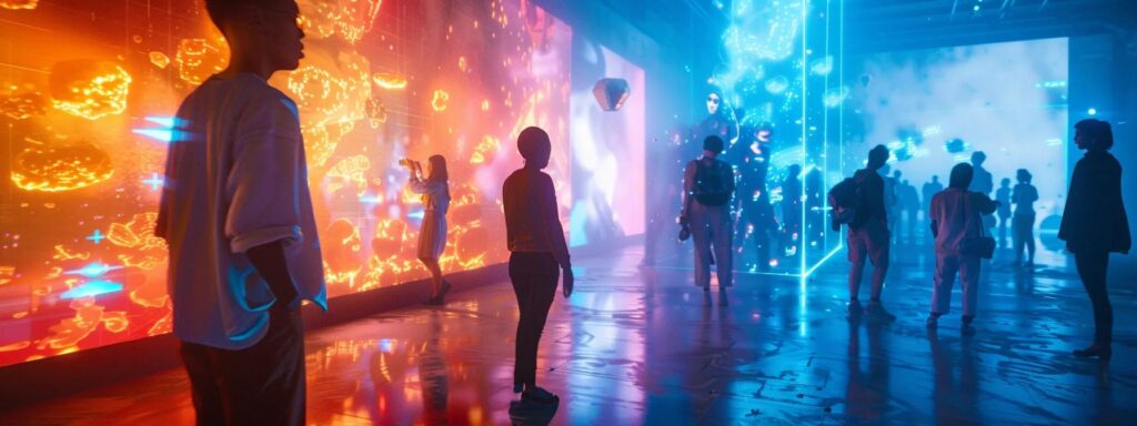 a vibrant and dynamic digital landscape showcases diverse individuals engaging with futuristic ai technology, illuminated by a warm, inviting glow that emphasizes connection and innovation.