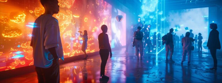 a vibrant and dynamic digital landscape showcases diverse individuals engaging with futuristic ai technology, illuminated by a warm, inviting glow that emphasizes connection and innovation.