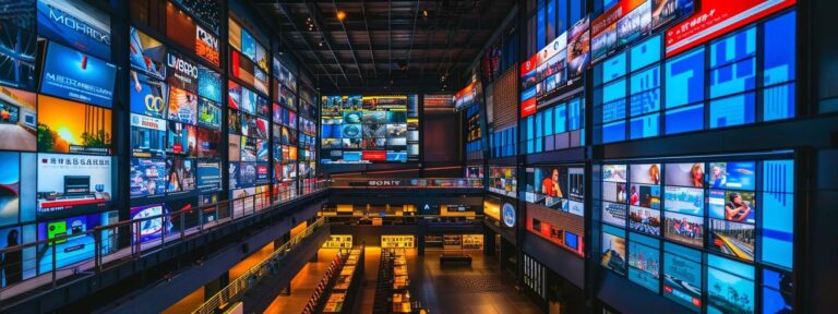 a vibrant and dynamic digital workspace filled with glowing screens displaying various ai-generated advertisements, capturing the essence of innovation and creativity in technology.