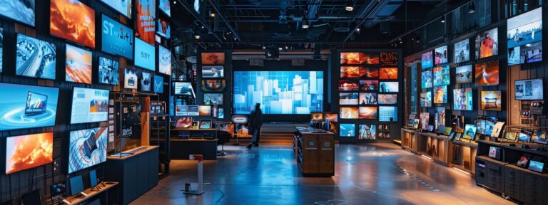 a vibrant and dynamic marketing studio filled with screens showcasing diverse ai ad campaigns, emphasizing the transformative impact of technology on modern advertising.