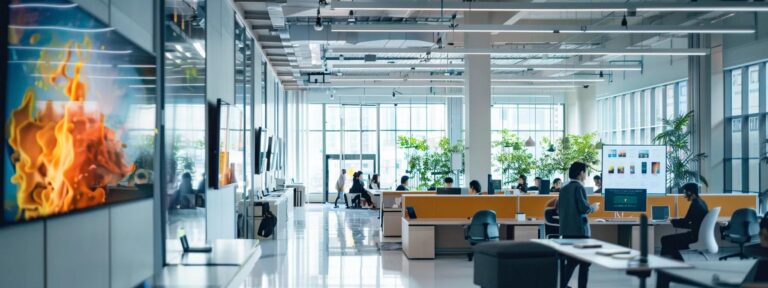 a vibrant and dynamic marketing workspace filled with sophisticated ai technology, showcasing lively brainstorming sessions and visually engaging digital displays that highlight the transformative power of ai ad generators in modern campaigns.