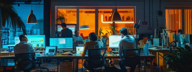 a vibrant and dynamic workspace filled with glowing computer screens and brainstorming materials, showcasing a focused team engaged in lively discussion centered around crafting compelling ai ad copy.