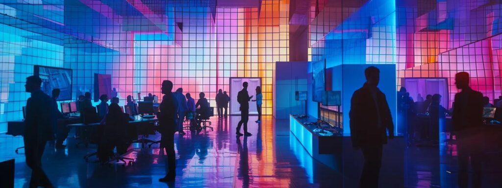 a vibrant and dynamic workspace filled with diverse professionals collaborating over digital devices, symbolizing the innovative exploration of subscription models for ai user-generated content platforms.