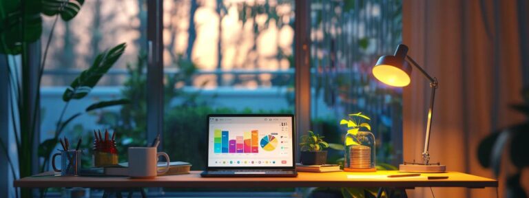 a vibrant and dynamic workspace featuring a sleek laptop displaying colorful ai graphics and budget spreadsheets, illuminated by soft, natural light streaming through a large window.