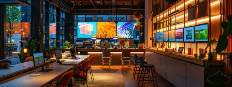 a vibrant and engaging digital workspace showcasing a modern, interactive interface with animated visuals representing ai-generated user-generated content, illuminated by soft, ambient lighting that enhances the innovative atmosphere.
