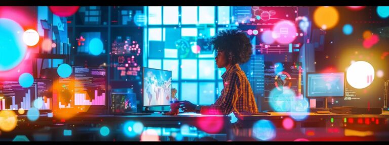 a vibrant and engaging graphic representation of diverse digital content creators collaborating, showcasing their innovative ideas while surrounded by various ai-generated visuals in a modern workspace.