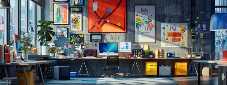 a vibrant and engaging workspace filled with colorful graphic designs and inspirational quotes, symbolizing the essence of creativity and brand identity.