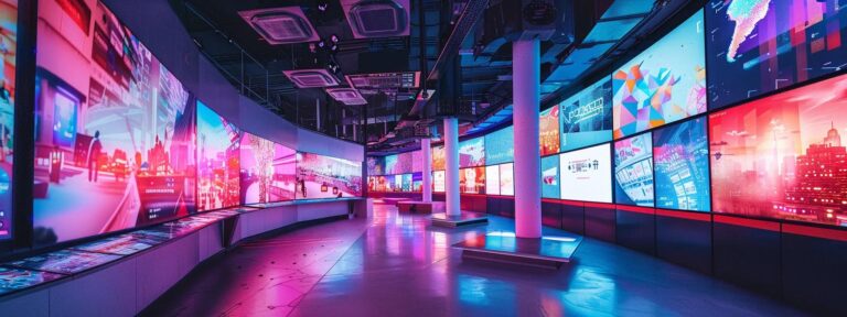 a vibrant and futuristic workspace filled with glowing screens displaying colorful ai-generated advertisements, exemplifying innovation and creativity in digital marketing.