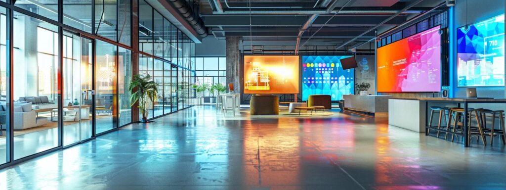 a vibrant and modern workspace filled with colorful digital screens showcasing diverse ai-generated advertisements, illuminated by soft, natural lighting that highlights the innovation and accessibility of affordable technology.