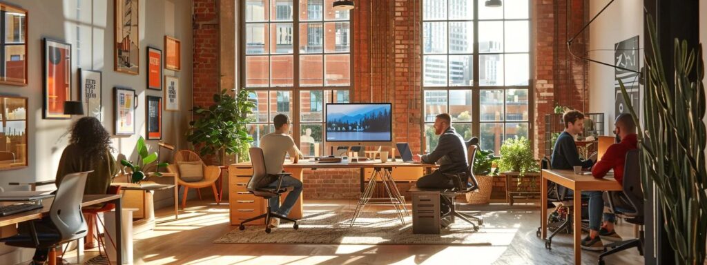 a vibrant and modern workspace showcases a diverse group of creators collaborating on innovative digital content using cutting-edge ai tools, illuminated by warm natural light streaming through large windows.